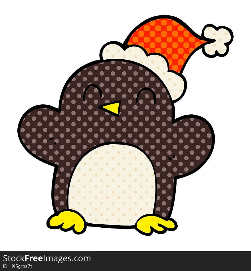 cartoon doodle penguin wearing christmas hat