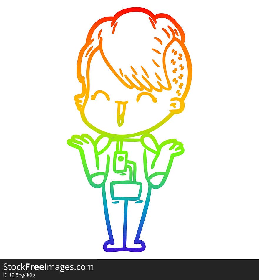 Rainbow Gradient Line Drawing Cartoon Happy Hipster Girl