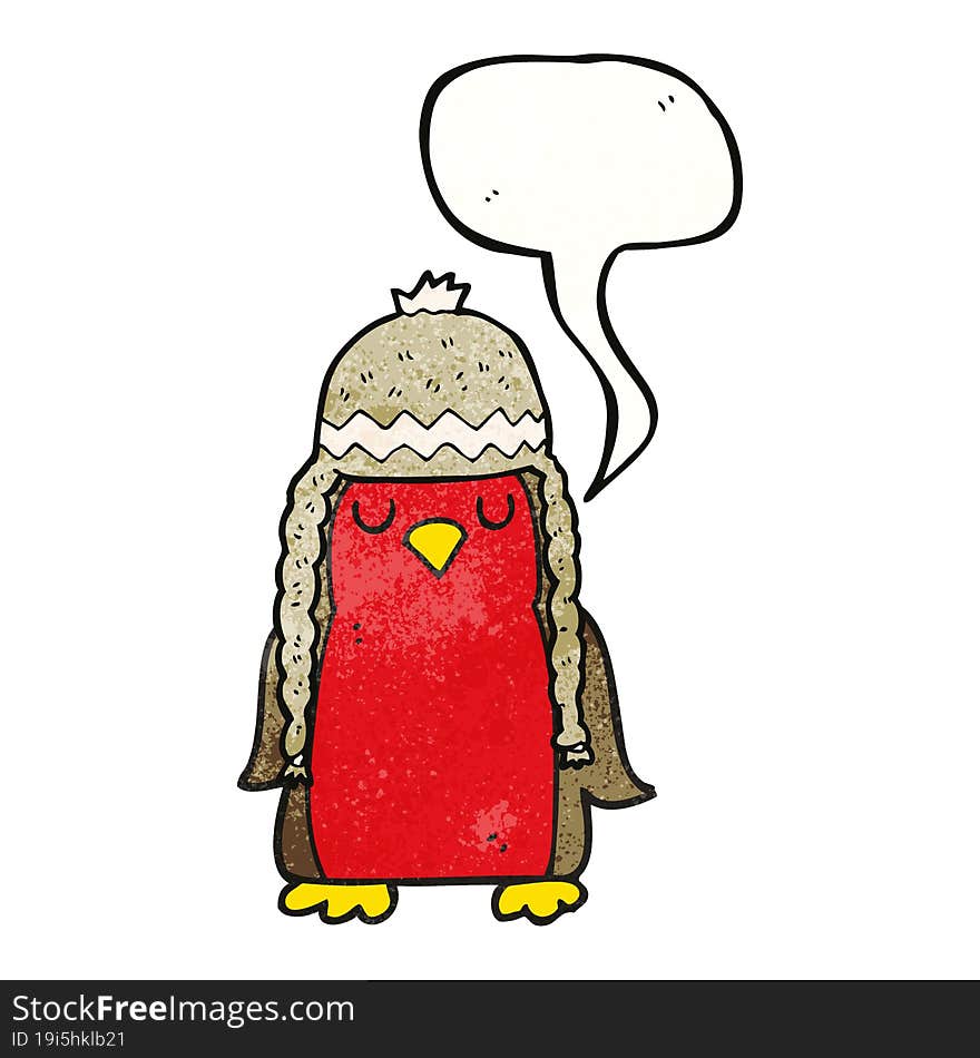 freehand speech bubble textured cartoon robin wearing winter hat