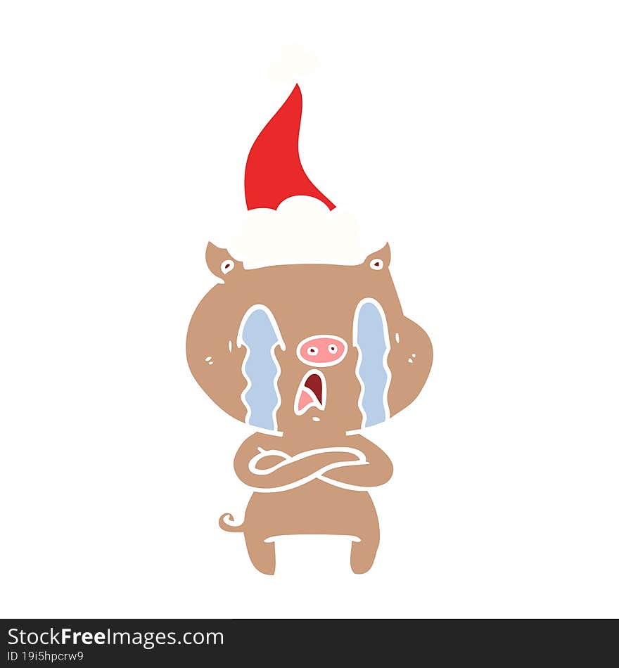 crying pig flat color illustration of a wearing santa hat