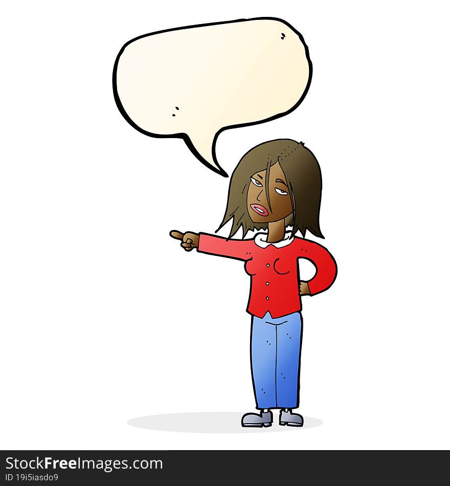 cartoon woman pointing with speech bubble