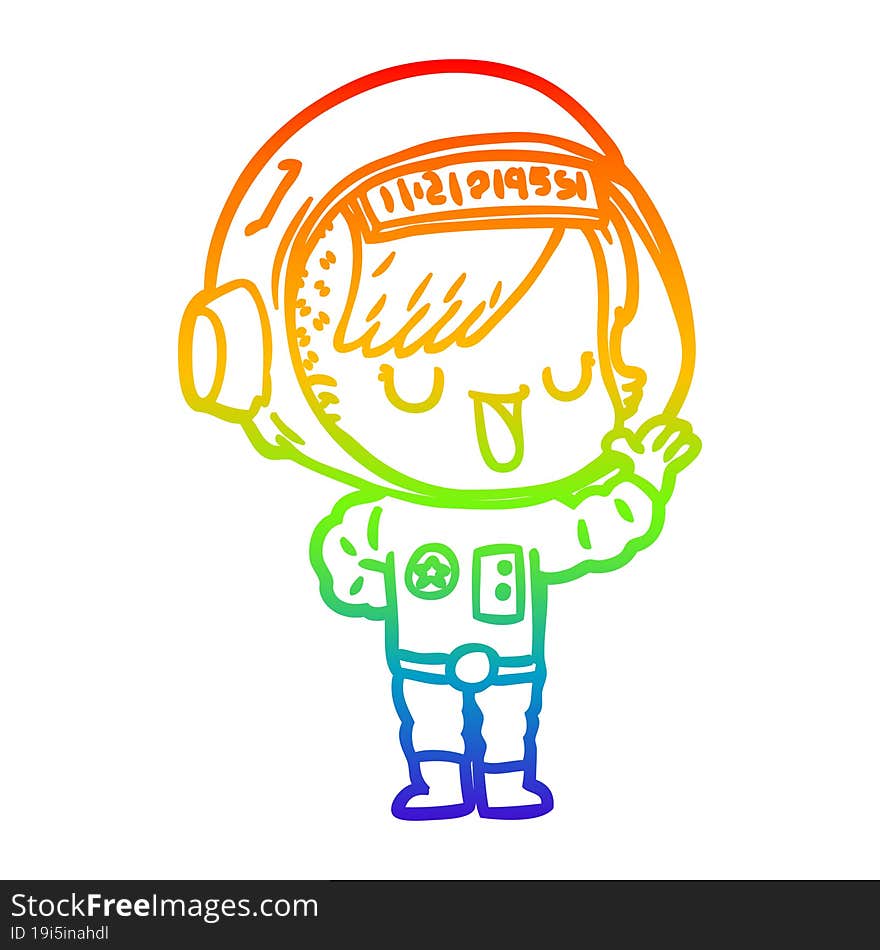 rainbow gradient line drawing of a cartoon astronaut woman