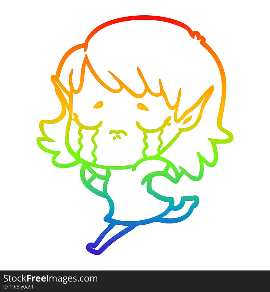 rainbow gradient line drawing cartoon crying elf girl