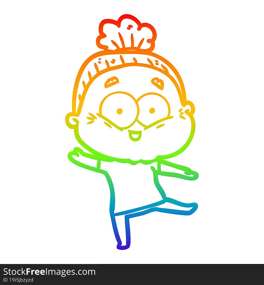 rainbow gradient line drawing of a cartoon happy old woman