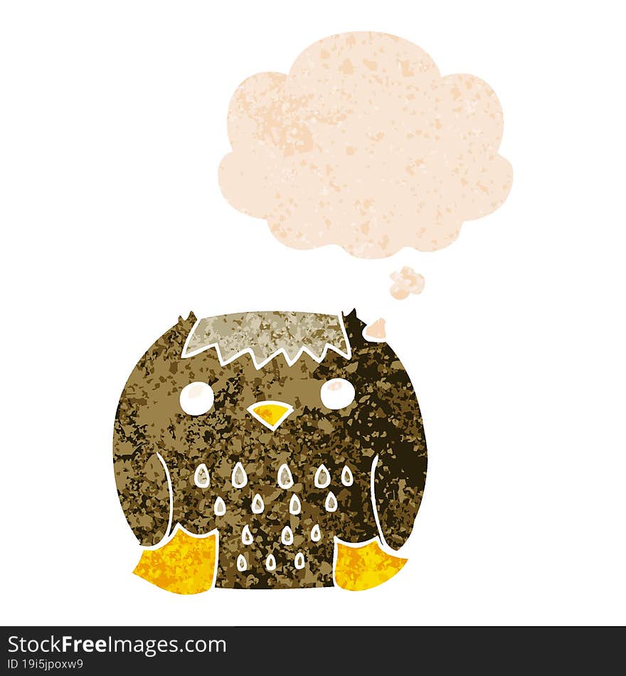 cartoon owl and thought bubble in retro textured style