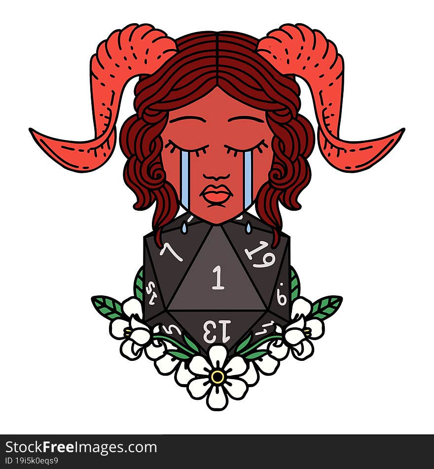 crying tiefling character with natural one D20 dice roll illustration