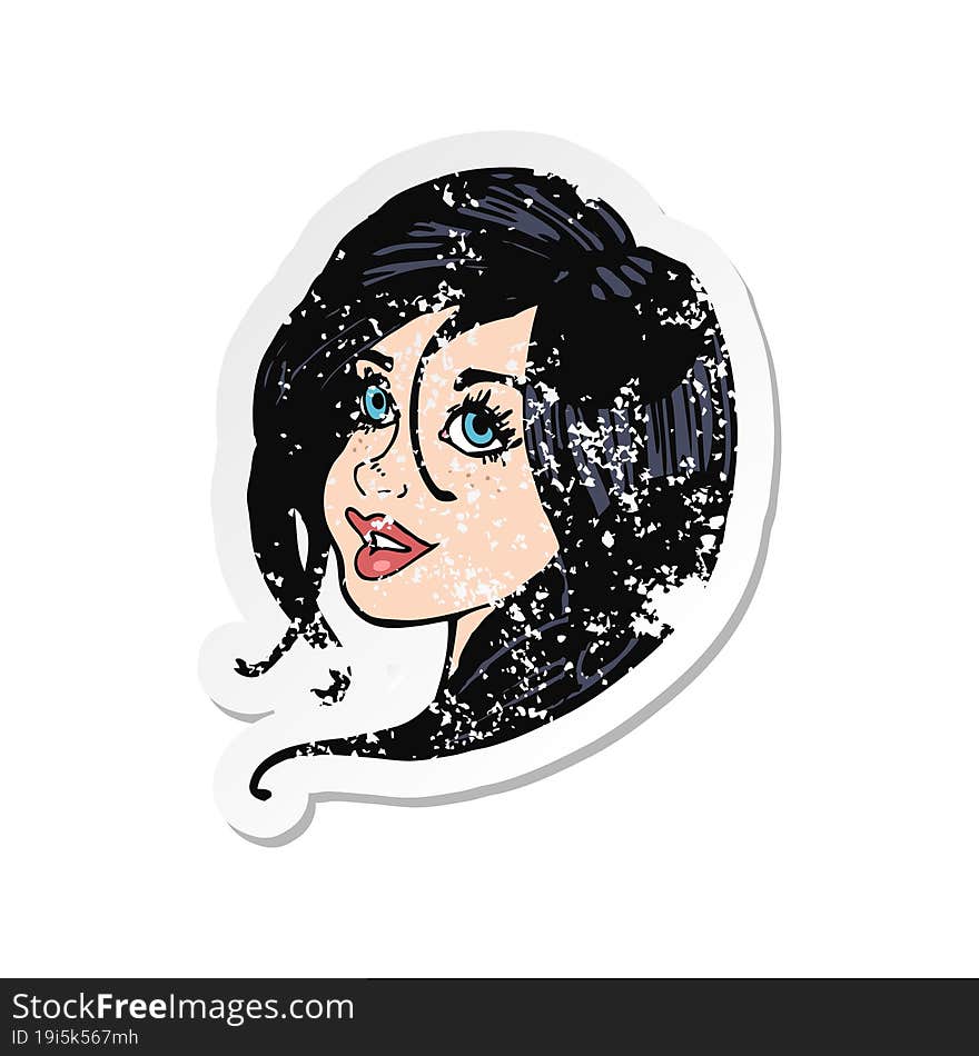 Retro Distressed Sticker Of A Cartoon Pretty Female Face