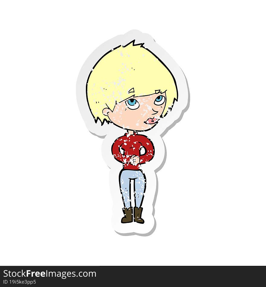 retro distressed sticker of a cartoon woman considering