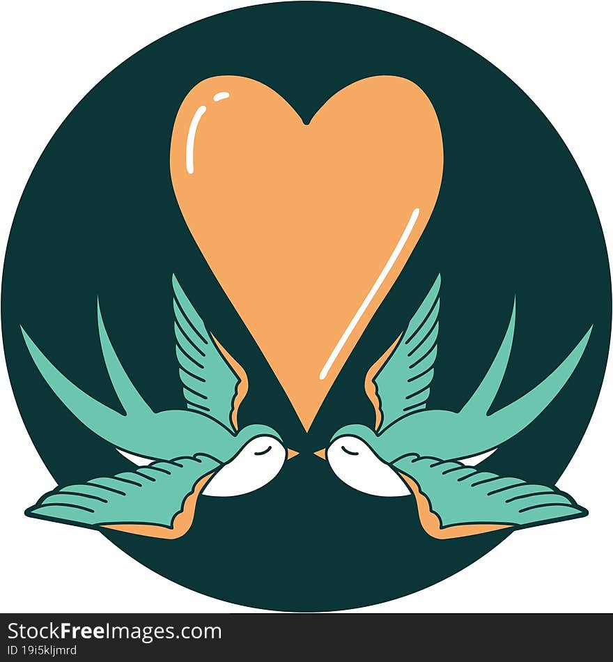 iconic tattoo style image of swallows and a heart. iconic tattoo style image of swallows and a heart