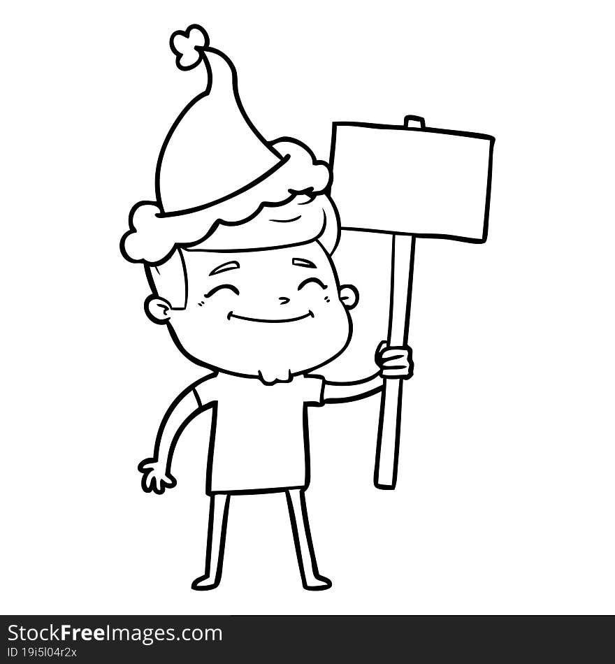 happy line drawing of a man with placard wearing santa hat