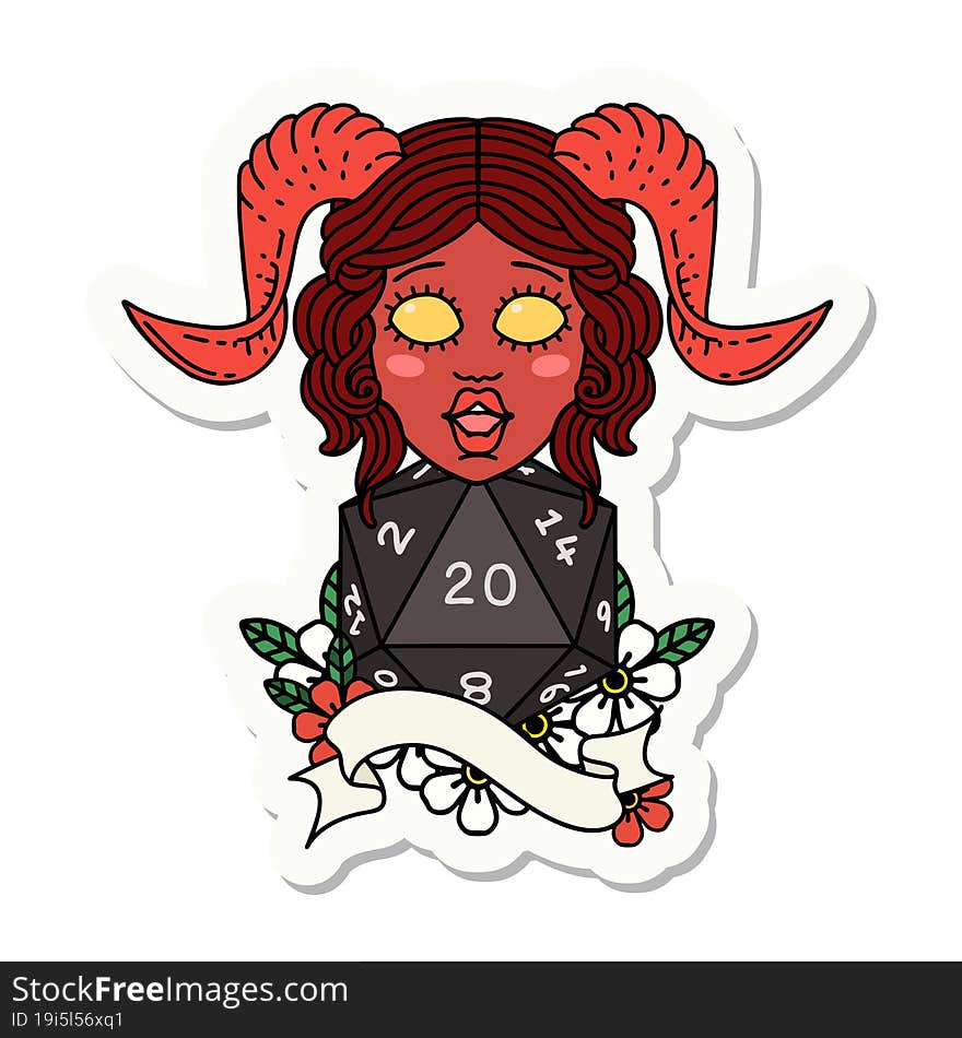 sticker of a tiefling with natural twenty dice roll. sticker of a tiefling with natural twenty dice roll