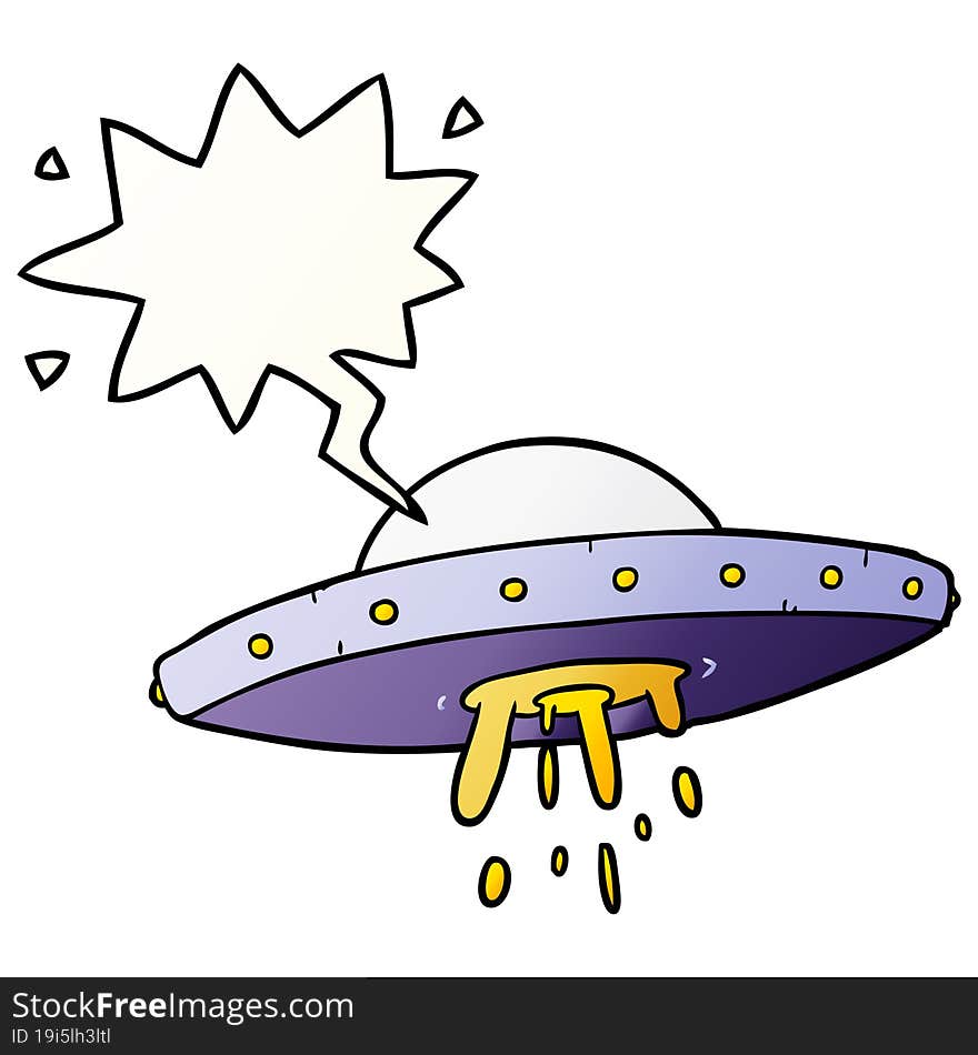 cartoon flying UFO and speech bubble in smooth gradient style