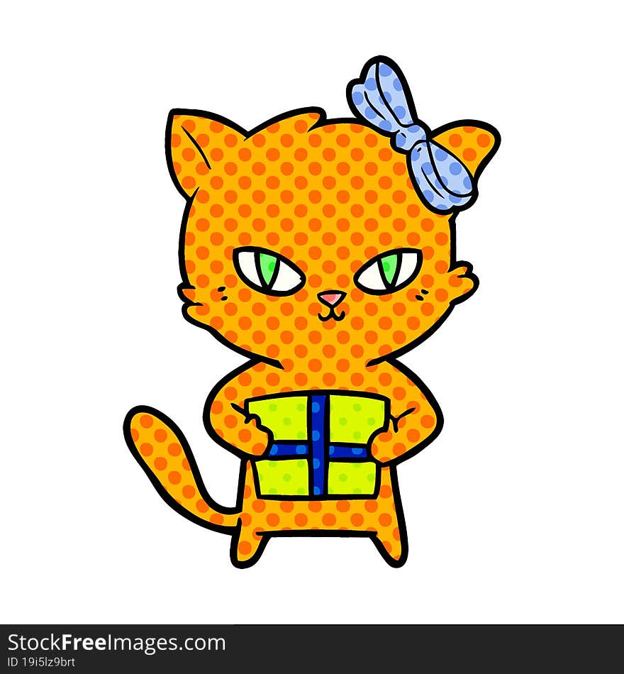 cute cartoon cat with present. cute cartoon cat with present