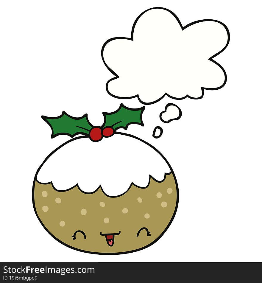 Cute Cartoon Christmas Pudding And Thought Bubble