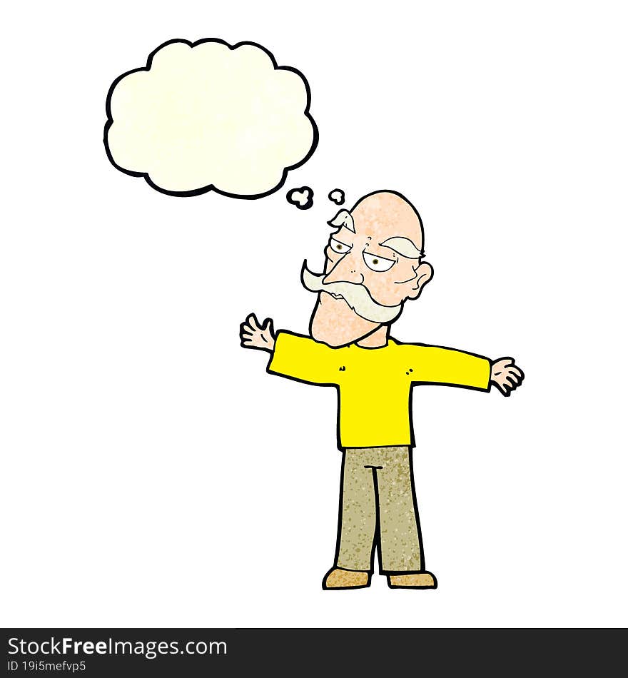 Cartoon Old Man Spreading Arms Wide With Thought Bubble