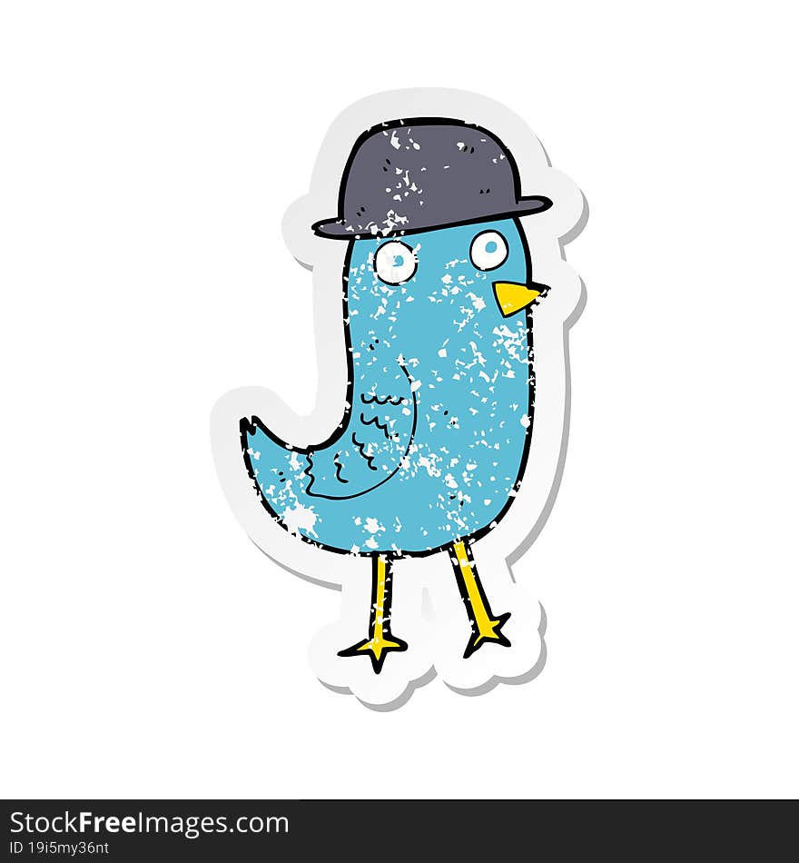 retro distressed sticker of a cartoon bluebird wearing hat