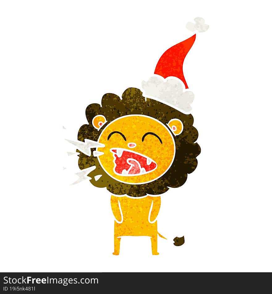 hand drawn retro cartoon of a roaring lion wearing santa hat