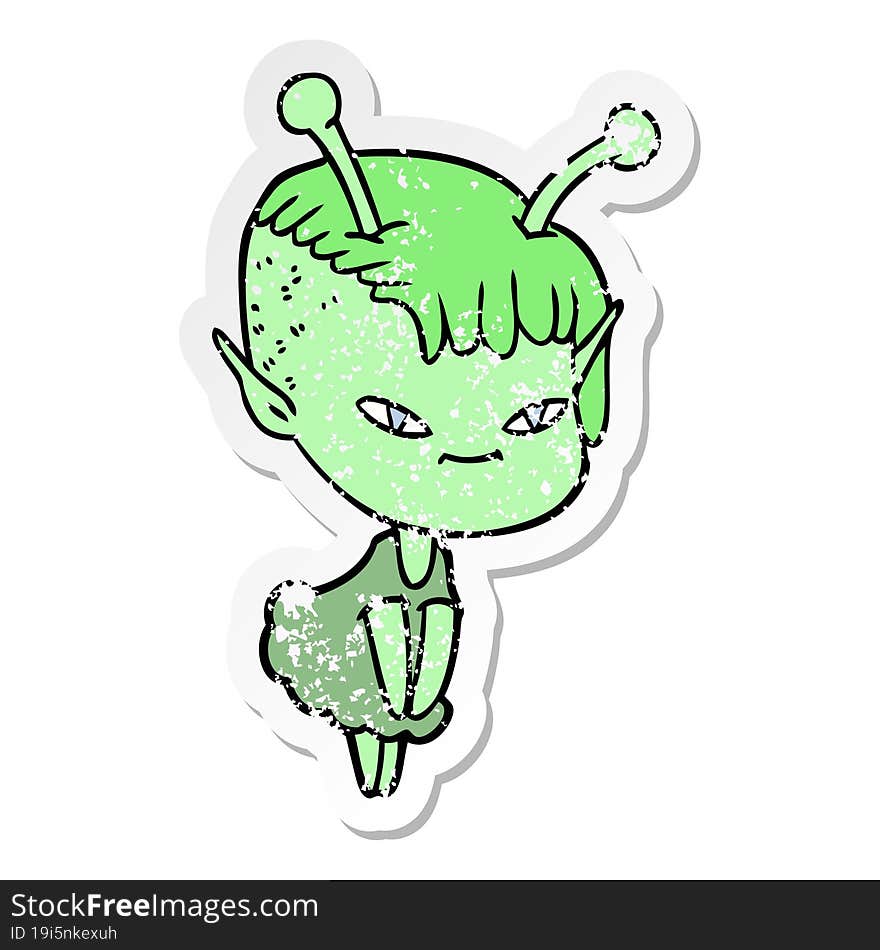 distressed sticker of a cute cartoon alien girl