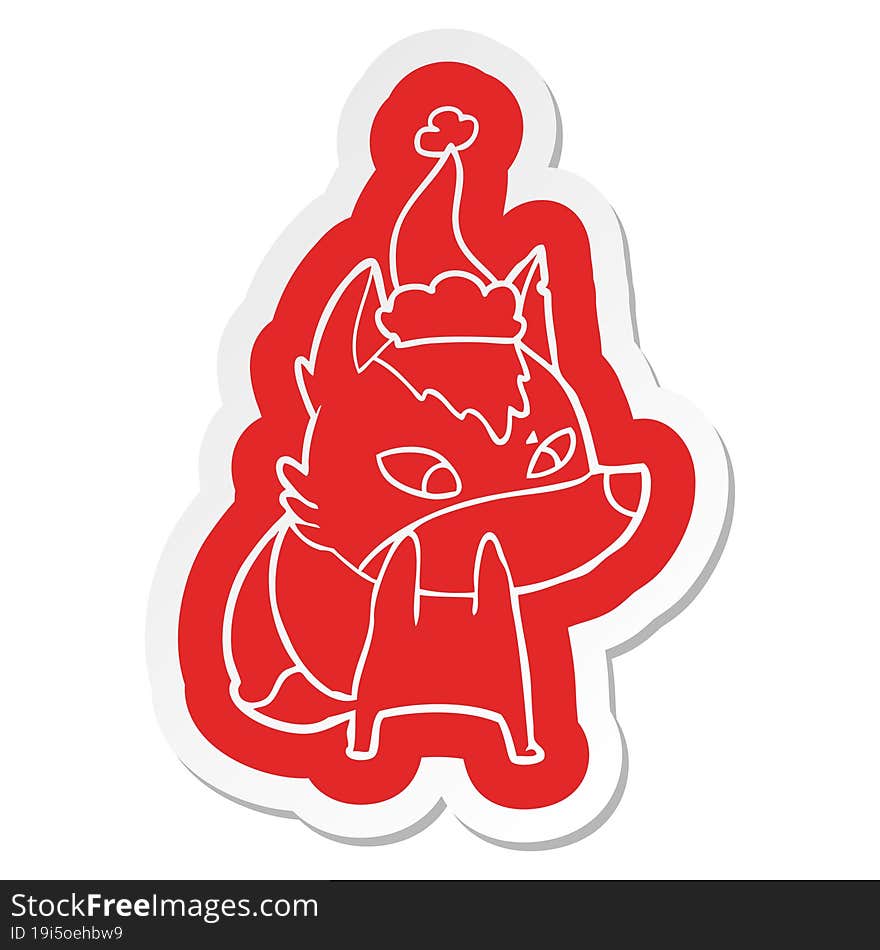 shy cartoon  sticker of a wolf wearing santa hat