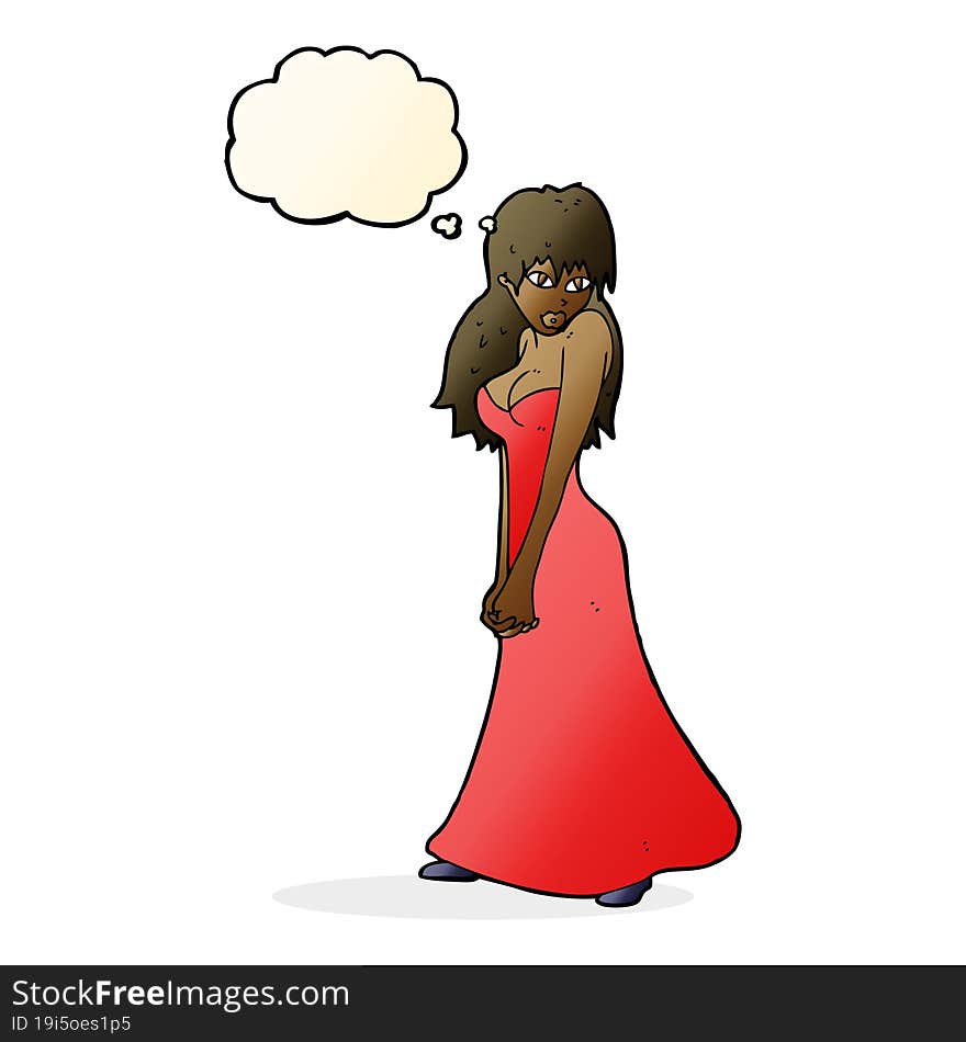 cartoon pretty woman in dress with thought bubble