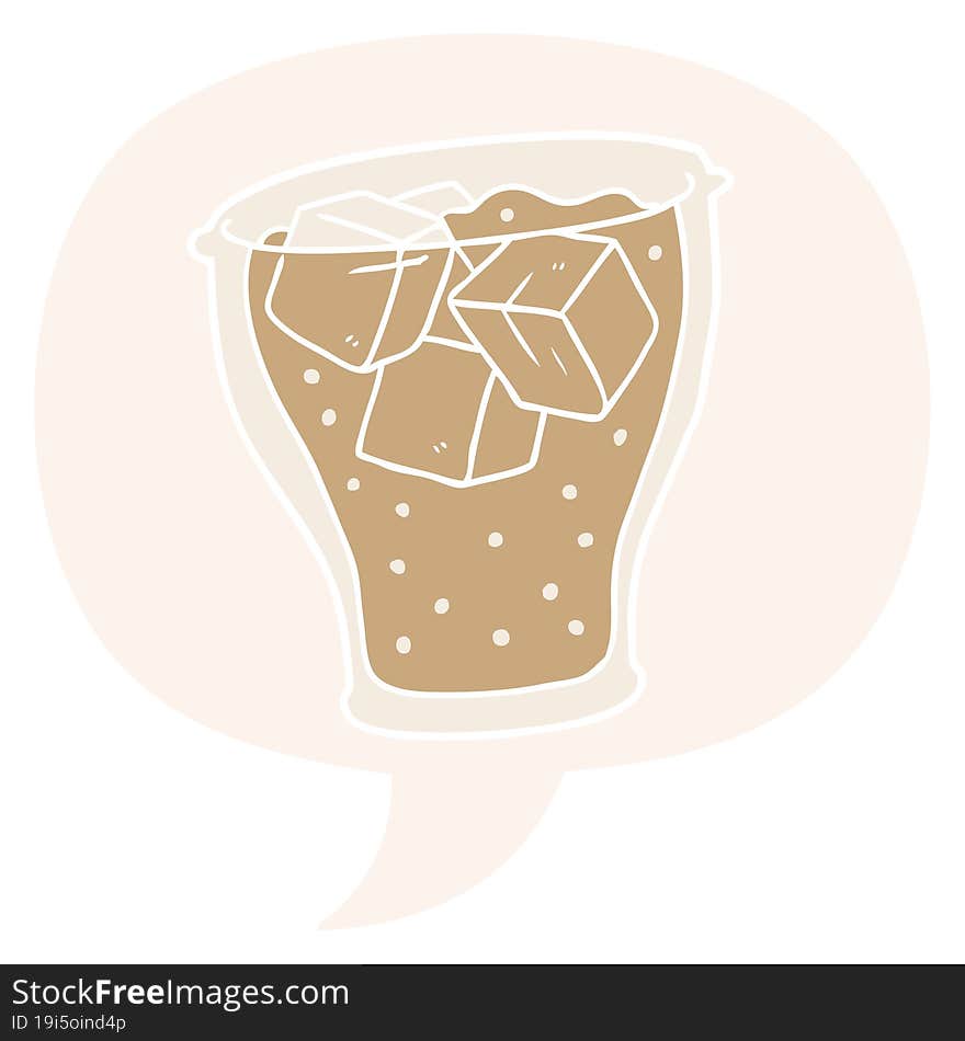 Cartoon Glass Of Cola And Ice And Speech Bubble In Retro Style