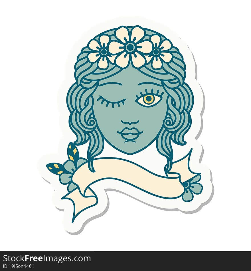 tattoo sticker with banner of a maidens face winking