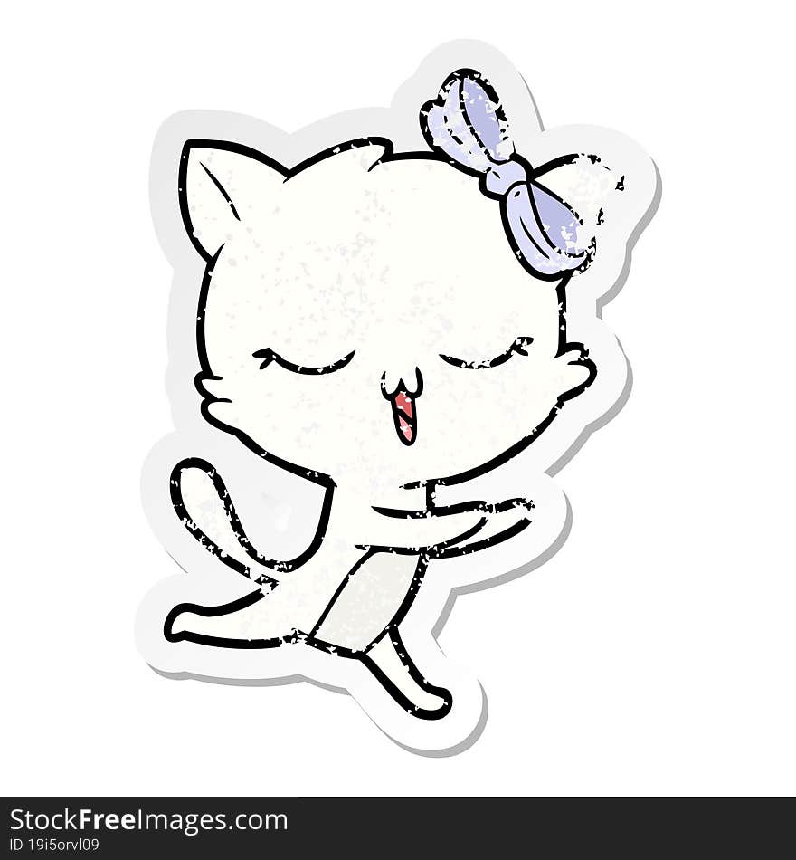 distressed sticker of a cartoon cat with bow on head