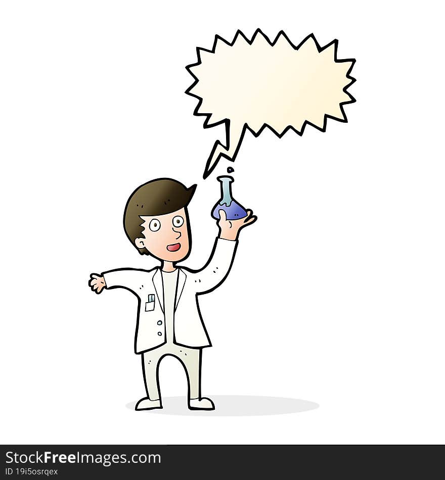 cartoon happy scientist with speech bubble