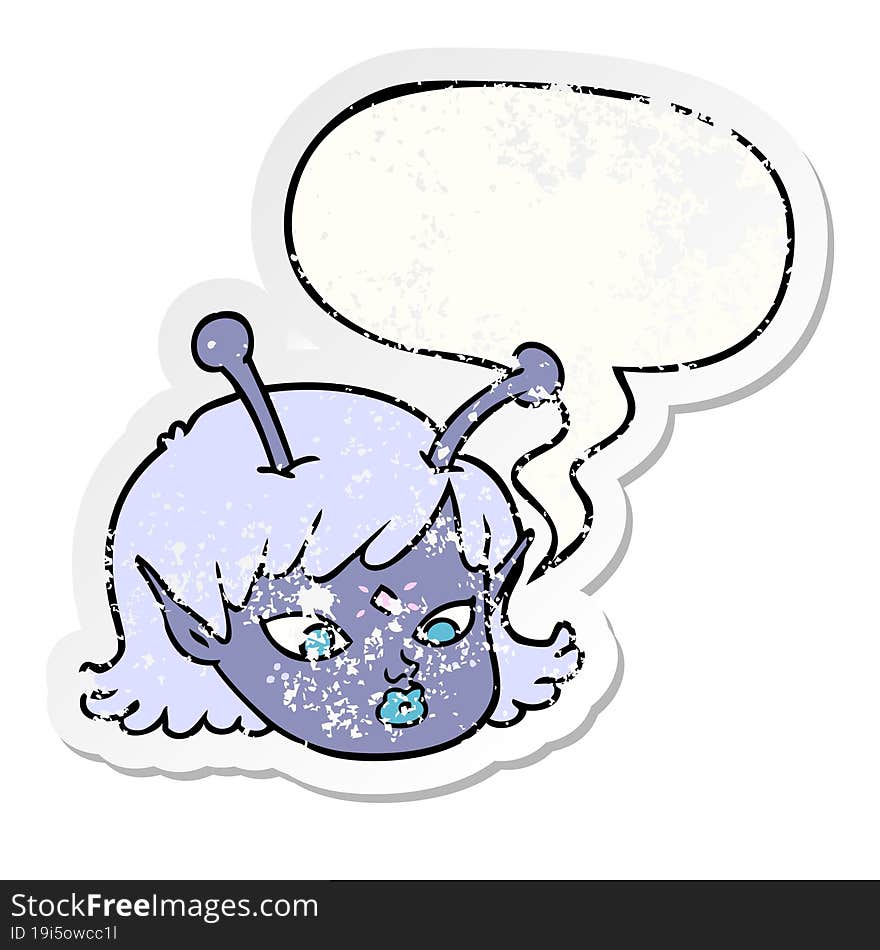 cartoon alien space girl face with speech bubble distressed distressed old sticker. cartoon alien space girl face with speech bubble distressed distressed old sticker