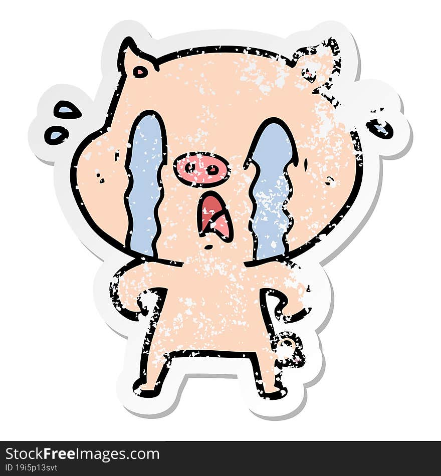 distressed sticker of a crying pig cartoon