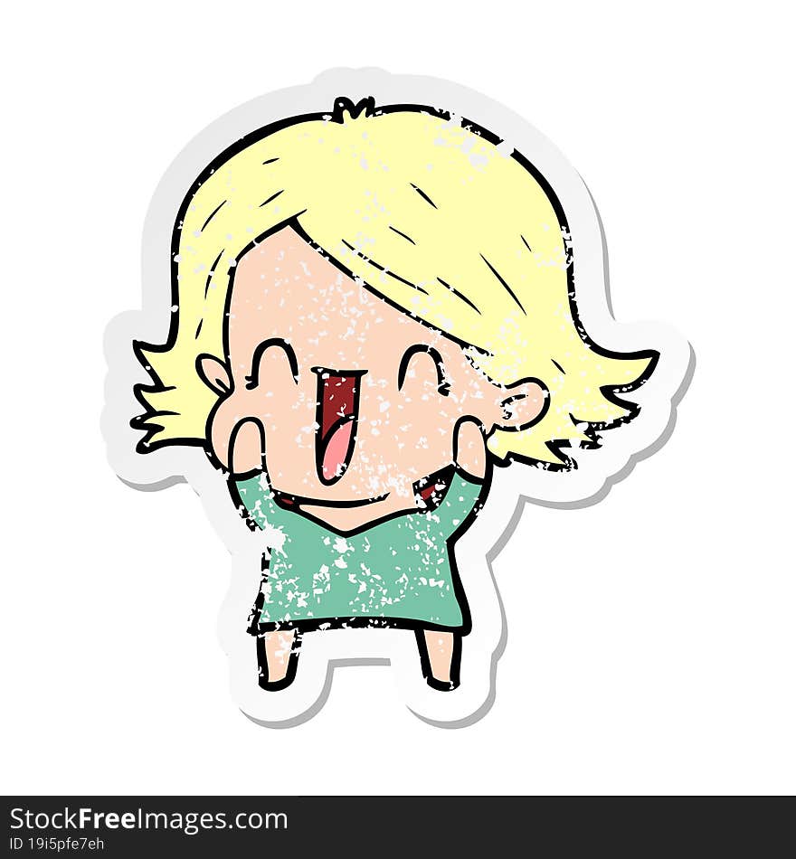 distressed sticker of a cartoon happy woman