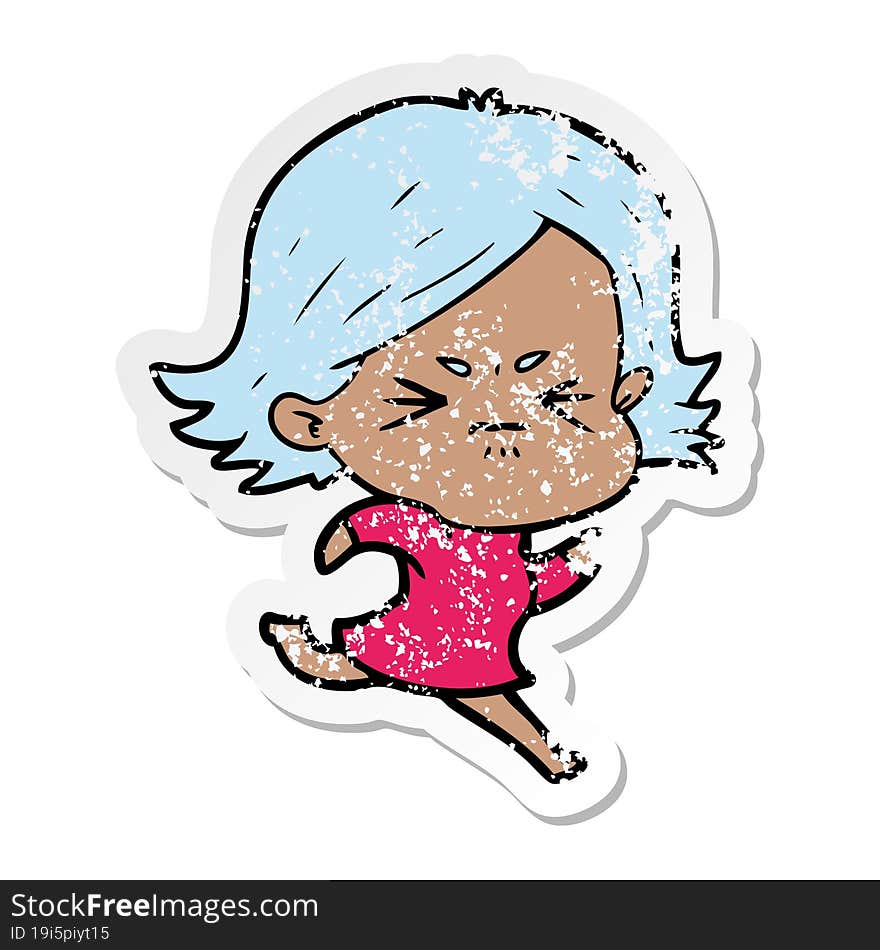 distressed sticker of a cartoon angry girl