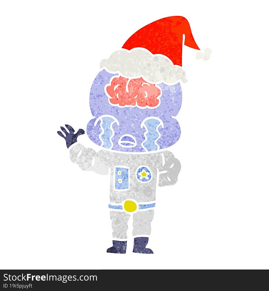 Retro Cartoon Of A Big Brain Alien Crying Wearing Santa Hat