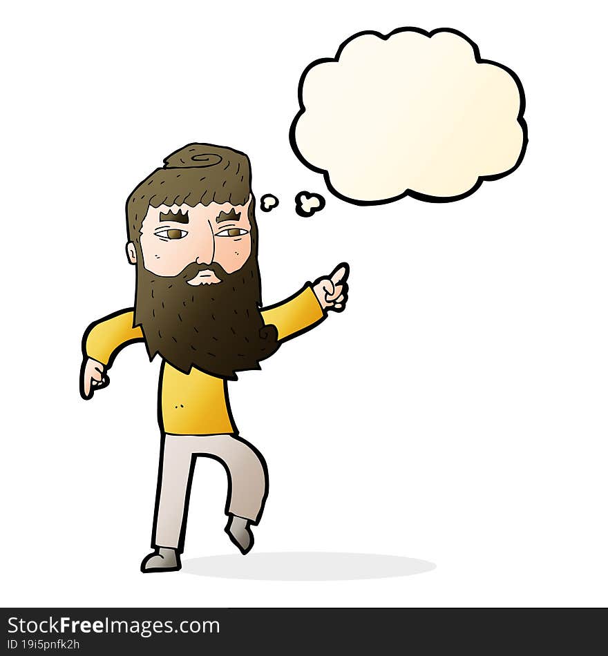 cartoon bearded man pointing the way with thought bubble