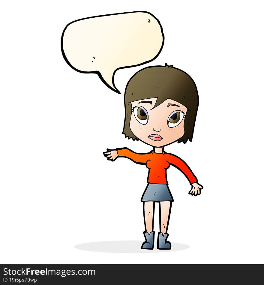 cartoon woman waving hand with speech bubble