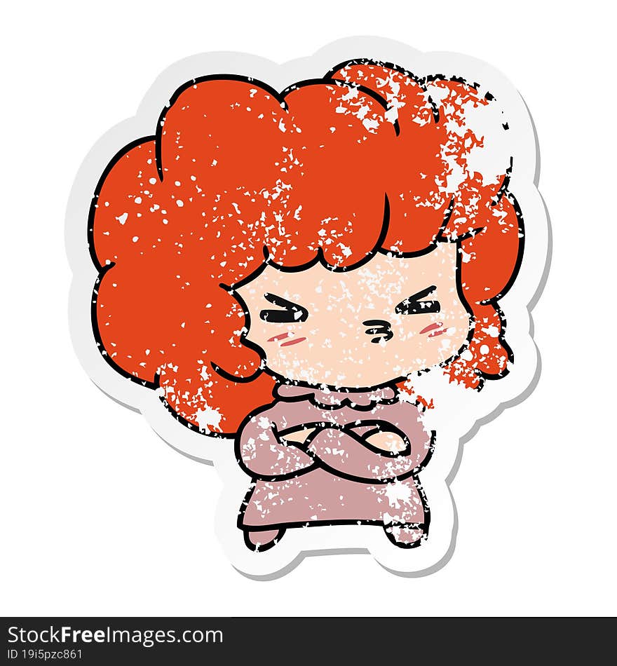 distressed sticker cartoon of a cute cross kawaii girl