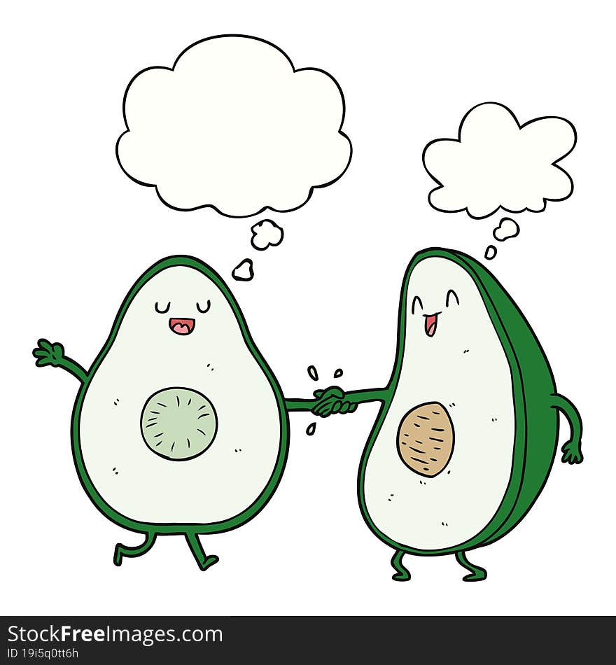 cartoon dancing avocados and thought bubble