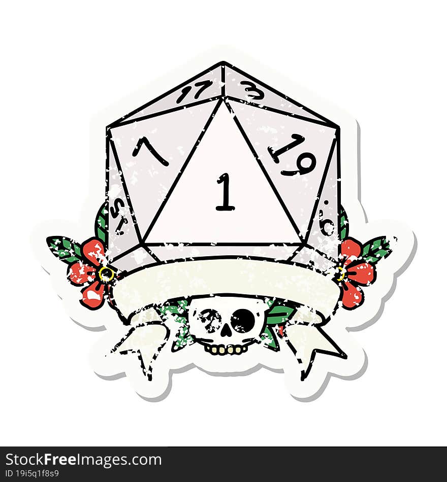 natural one d20 dice roll grunge sticker