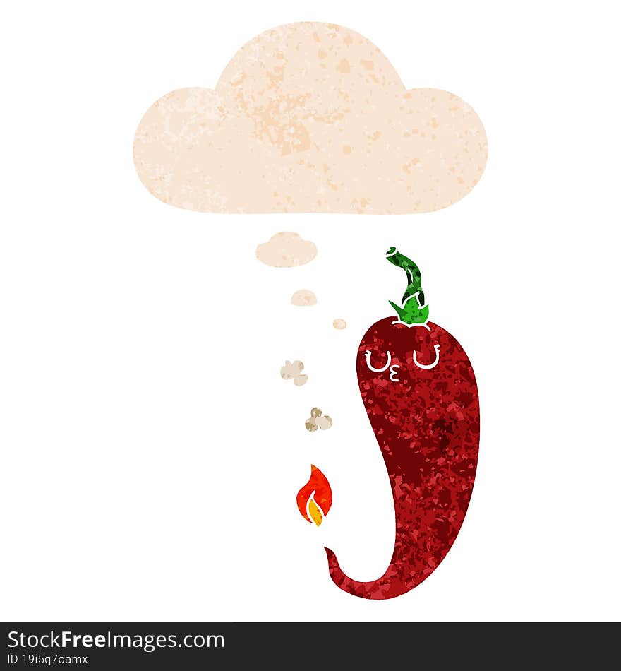 Cartoon Hot Chili Pepper And Thought Bubble In Retro Textured Style