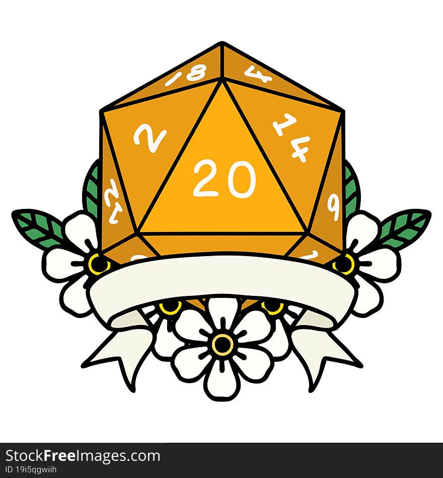 Retro Tattoo Style natural 20 critical hit D20 dice roll. Retro Tattoo Style natural 20 critical hit D20 dice roll