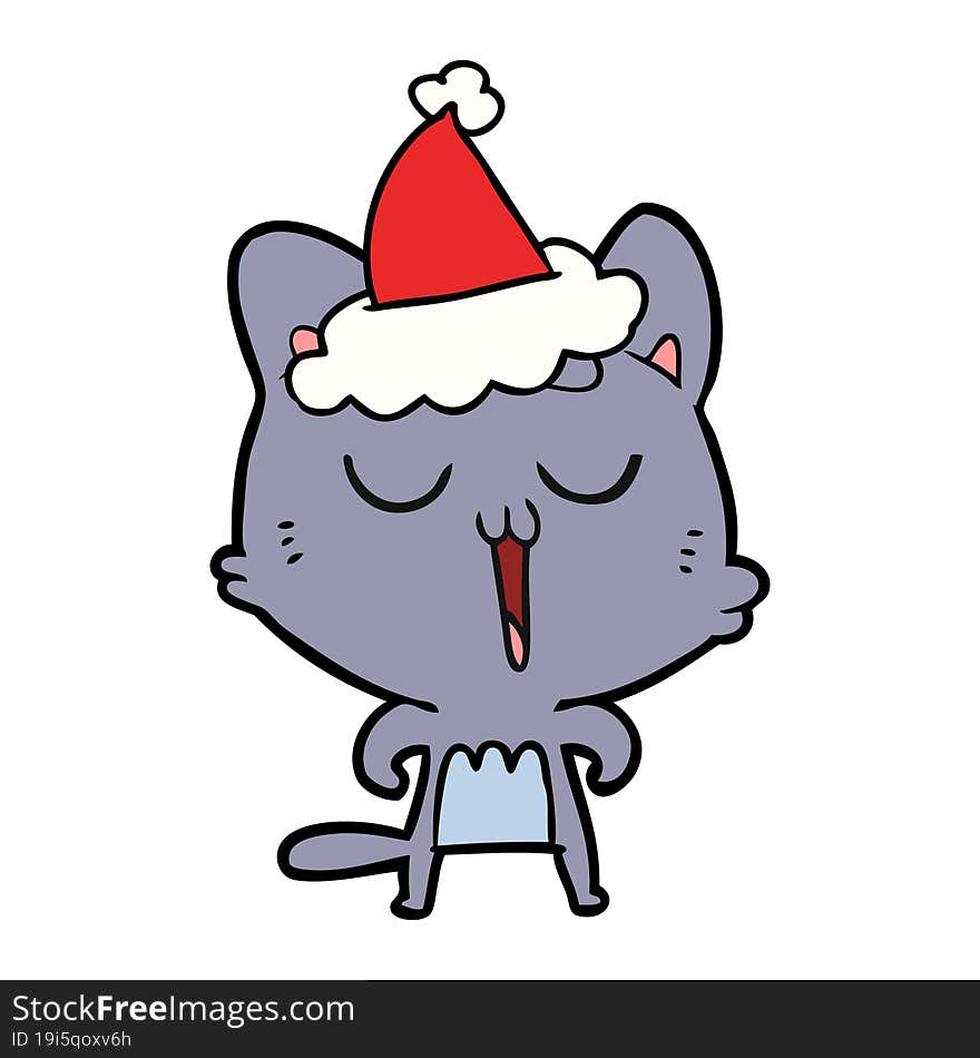 line drawing of a cat singing wearing santa hat