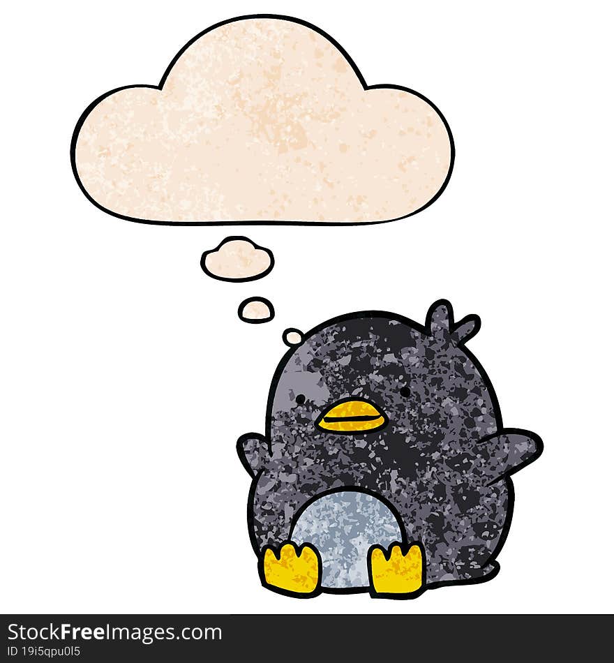 cute cartoon penguin and thought bubble in grunge texture pattern style