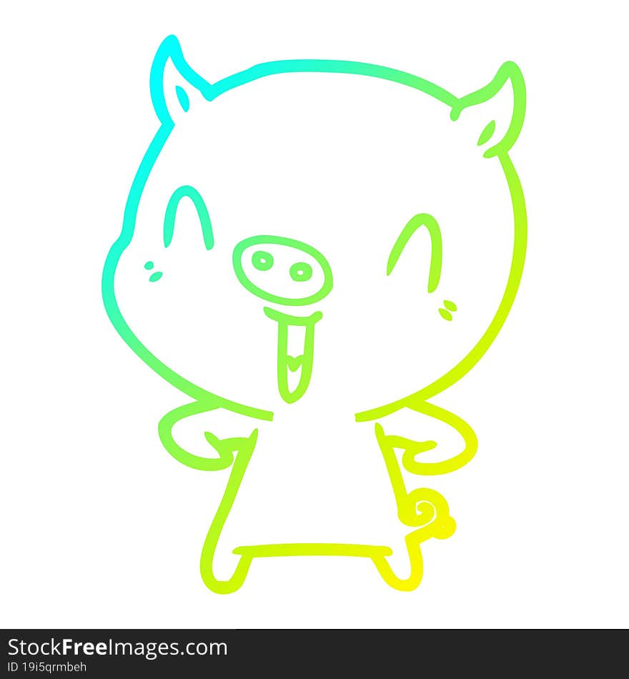 cold gradient line drawing of a happy cartoon pig