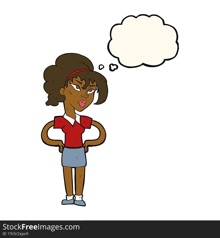 cartoon woman with hands on hips with thought bubble