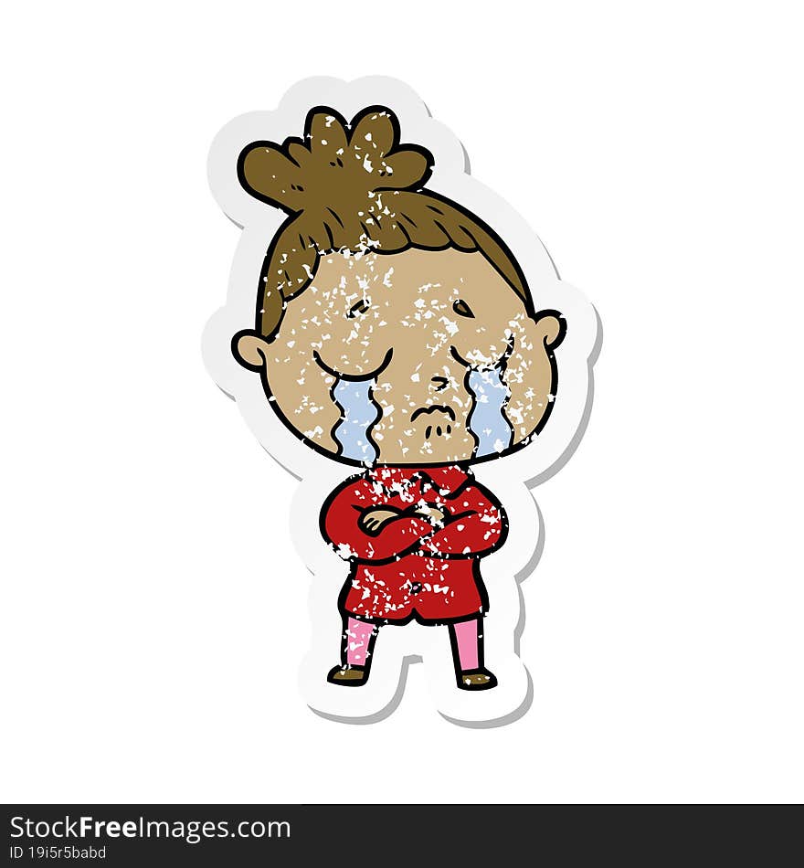 distressed sticker of a cartoon crying woman