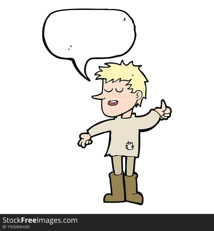 cartoon poor boy with positive attitude with speech bubble