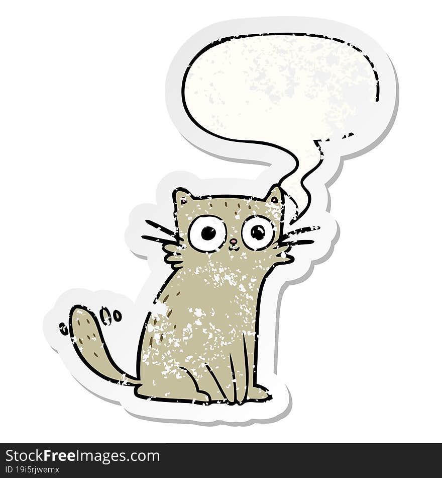 cartoon staring cat and speech bubble distressed sticker