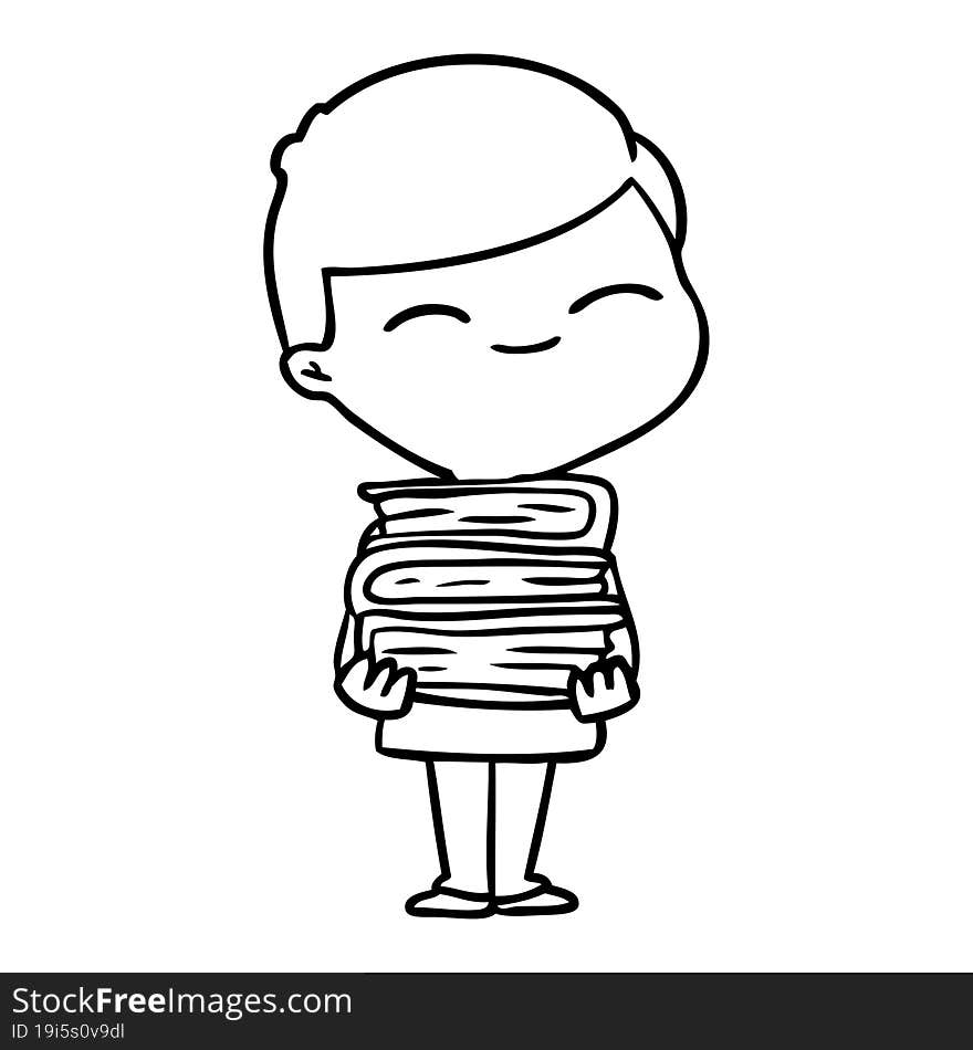 cartoon smiling boy with stack of books. cartoon smiling boy with stack of books