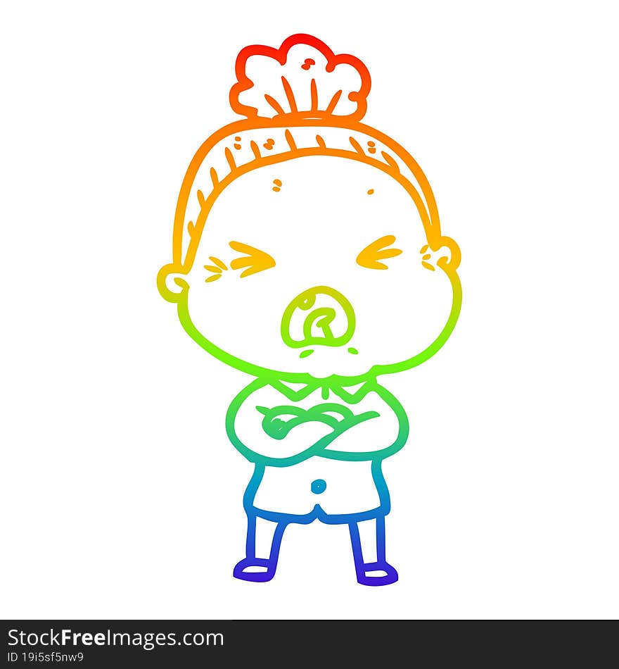 rainbow gradient line drawing cartoon angry old woman