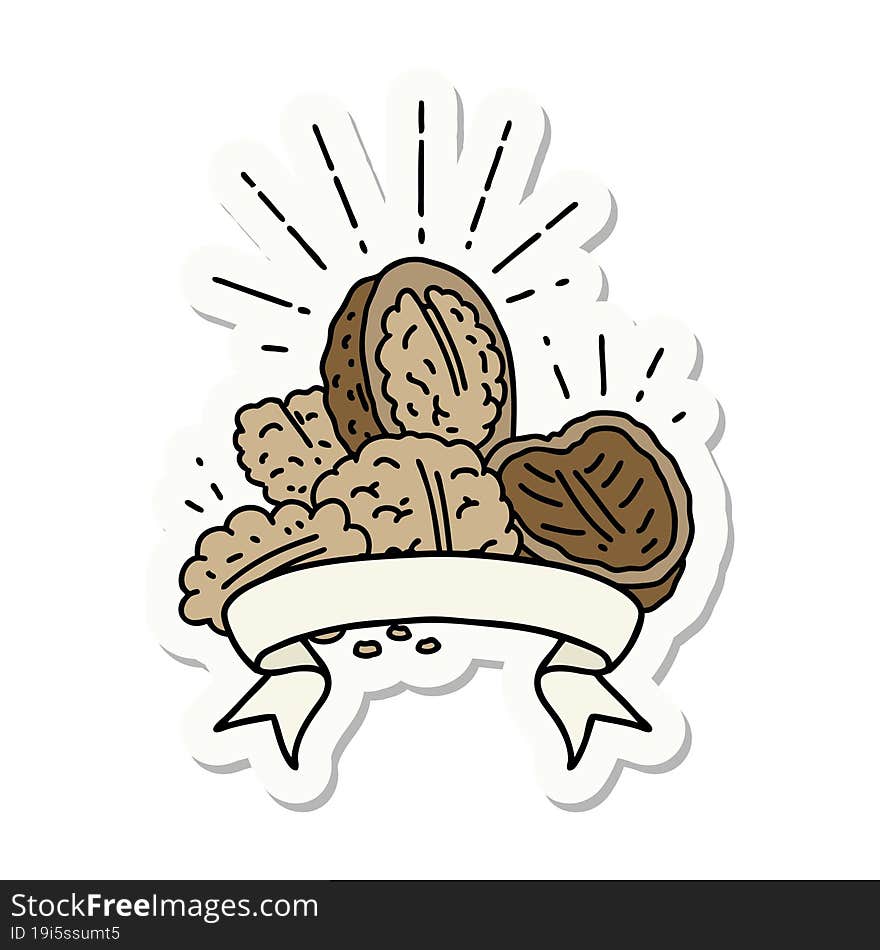 Sticker Of Tattoo Style Walnuts With Shell